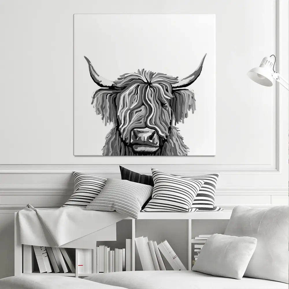 Monochrome Highland Cow Square Canvas Print Monochrome Highland Cow Square Canvas Print wall art product Independent