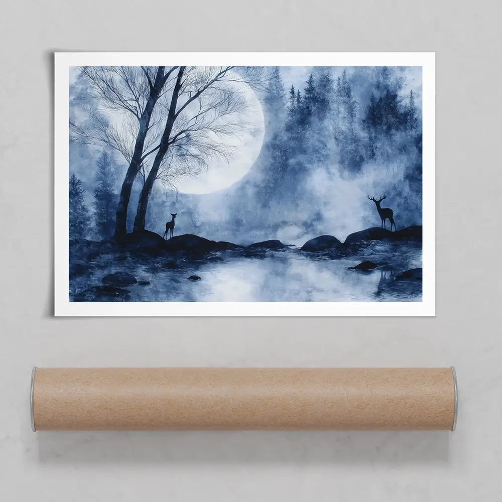 Moonlit Forest River With Deer Silhouettes Art Print Moonlit Forest River With Deer Silhouettes Art Print wall art product Chromatic Storm Studio