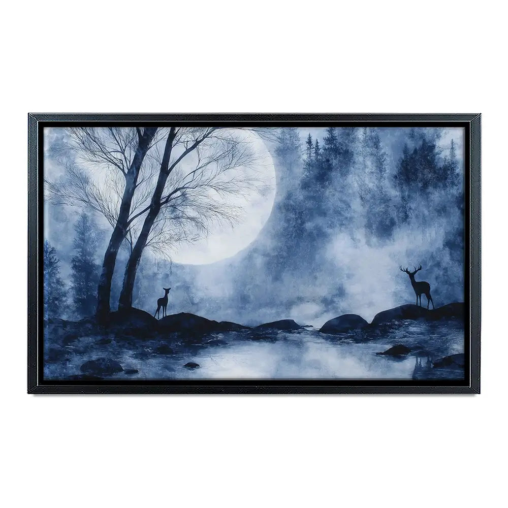 Moonlit Forest River With Deer Silhouettes Canvas Print Moonlit Forest River With Deer Silhouettes Canvas Print wall art product Chromatic Storm Studio