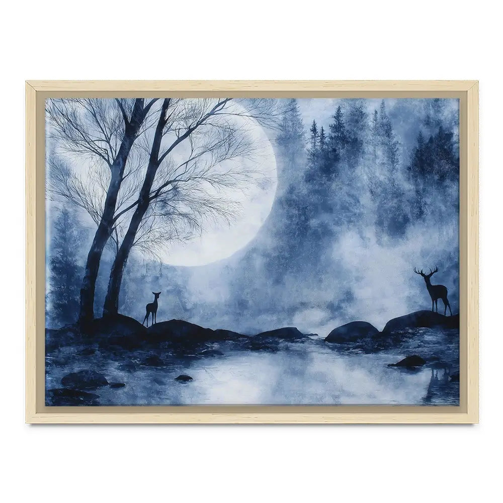 Moonlit Forest River With Deer Silhouettes Canvas Print Moonlit Forest River With Deer Silhouettes Canvas Print wall art product Chromatic Storm Studio