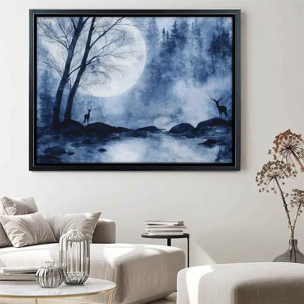 Moonlit Forest River With Deer Silhouettes Canvas Print Moonlit Forest River With Deer Silhouettes Canvas Print wall art product Chromatic Storm Studio