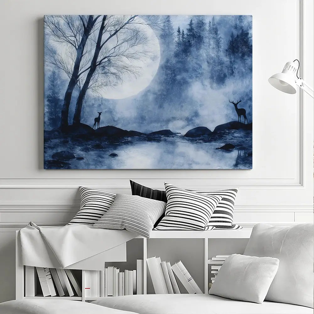 Moonlit Forest River With Deer Silhouettes Canvas Print Moonlit Forest River With Deer Silhouettes Canvas Print wall art product Chromatic Storm Studio