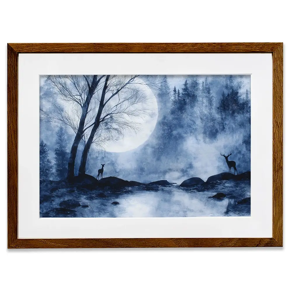 Moonlit Forest River With Deer Silhouettes Framed Art Print Moonlit Forest River With Deer Silhouettes Framed Art Print wall art product Chromatic Storm Studio