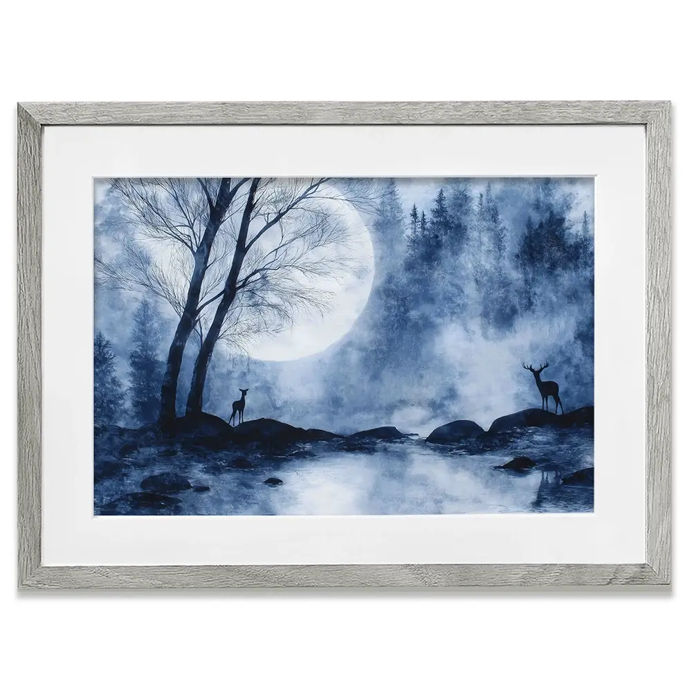 Moonlit Forest River With Deer Silhouettes Framed Art Print Moonlit Forest River With Deer Silhouettes Framed Art Print wall art product Chromatic Storm Studio
