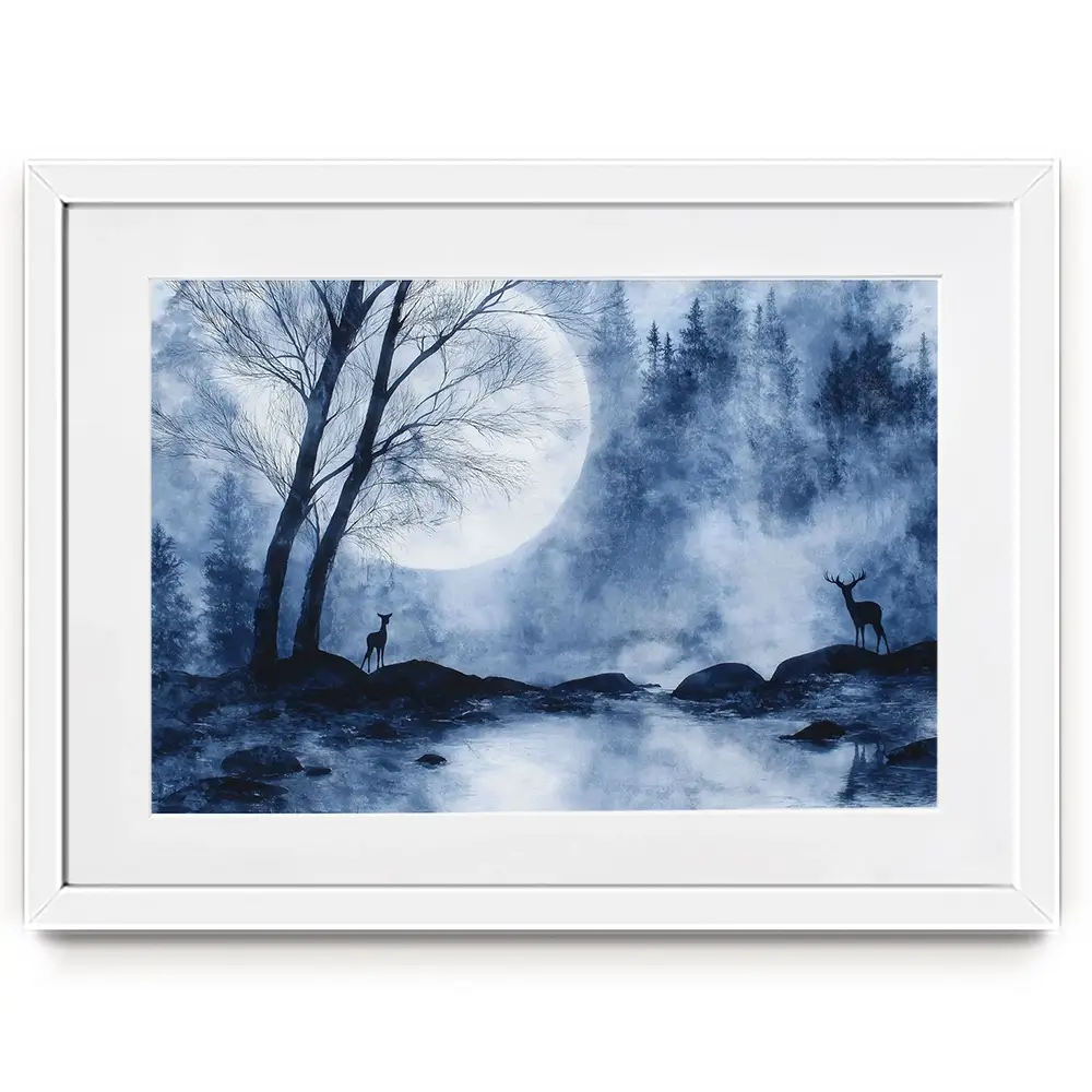 Moonlit Forest River With Deer Silhouettes Framed Art Print Moonlit Forest River With Deer Silhouettes Framed Art Print wall art product Chromatic Storm Studio