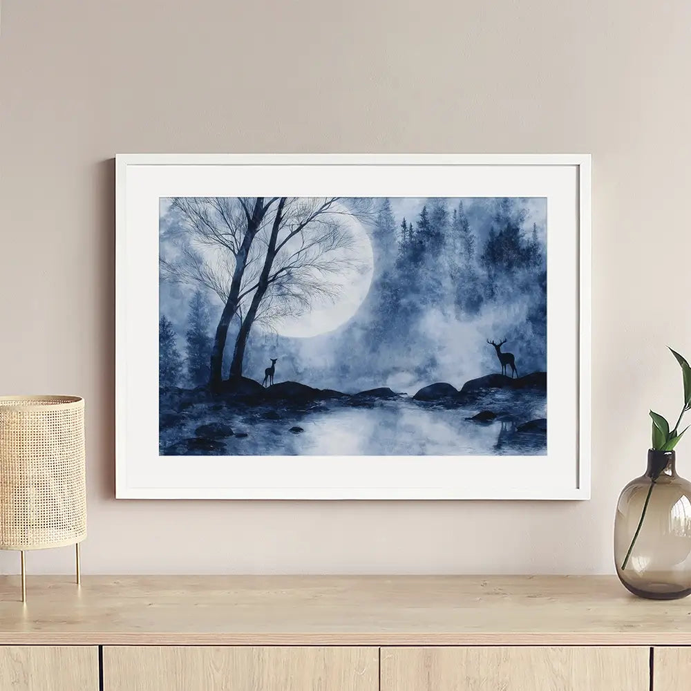 Moonlit Forest River With Deer Silhouettes Framed Art Print Moonlit Forest River With Deer Silhouettes Framed Art Print wall art product Chromatic Storm Studio
