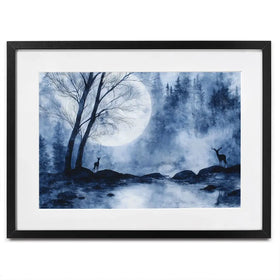 Moonlit Forest River With Deer Silhouettes Framed Art Print Moonlit Forest River With Deer Silhouettes Framed Art Print wall art product Chromatic Storm Studio