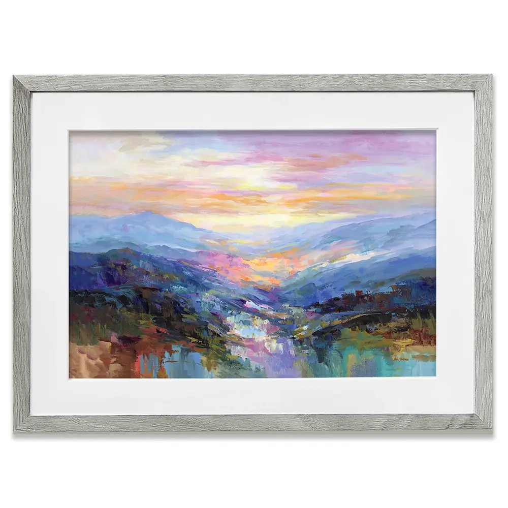 Mountains In A Serene Valley Framed Art Print Mountains In A Serene Valley Framed Art Print wall art product Leon Devenice