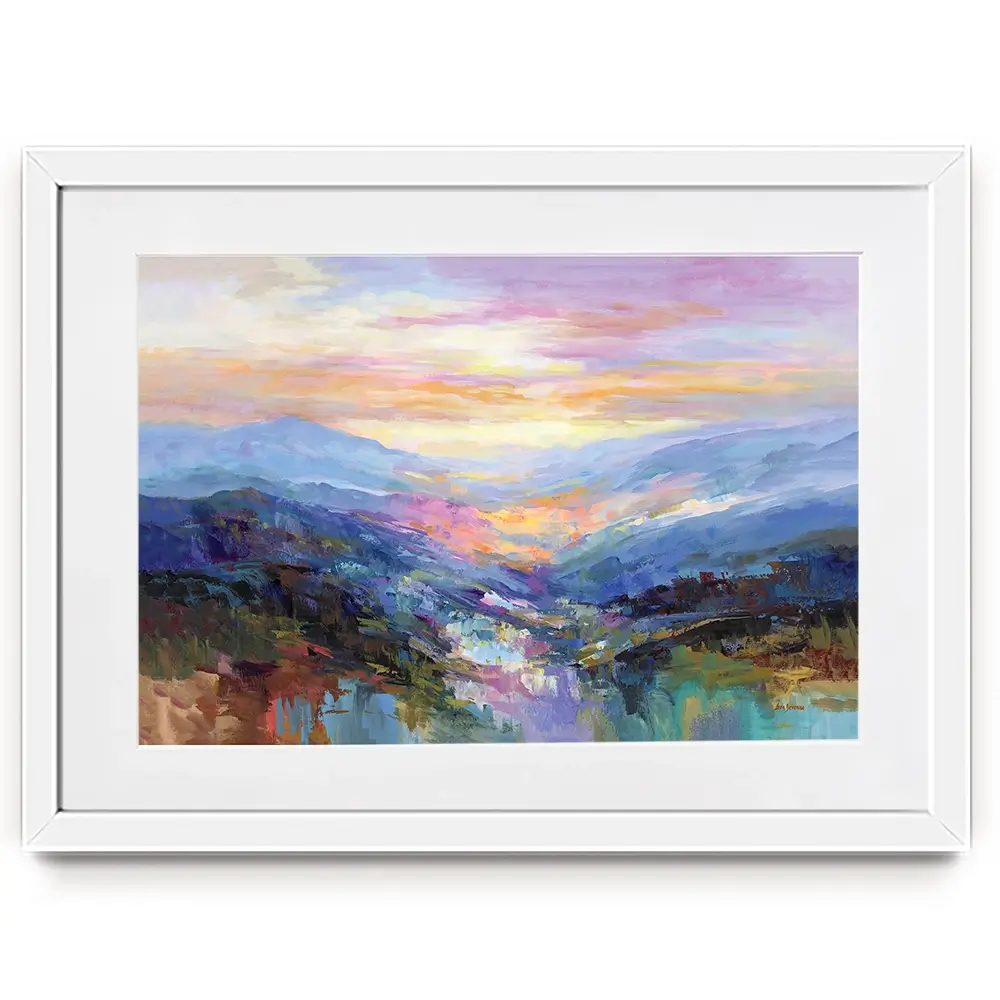 Mountains In A Serene Valley Framed Art Print Mountains In A Serene Valley Framed Art Print wall art product Leon Devenice