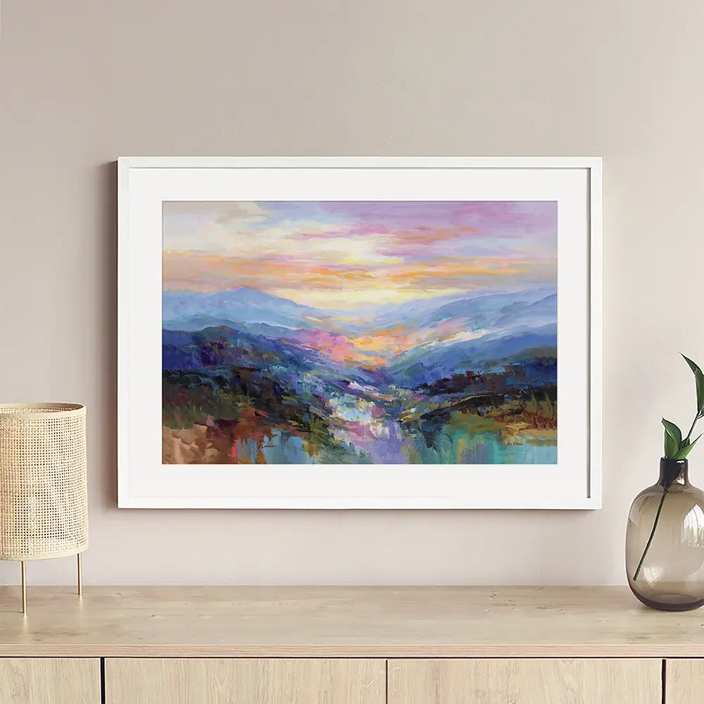 Mountains In A Serene Valley Framed Art Print Mountains In A Serene Valley Framed Art Print wall art product Leon Devenice