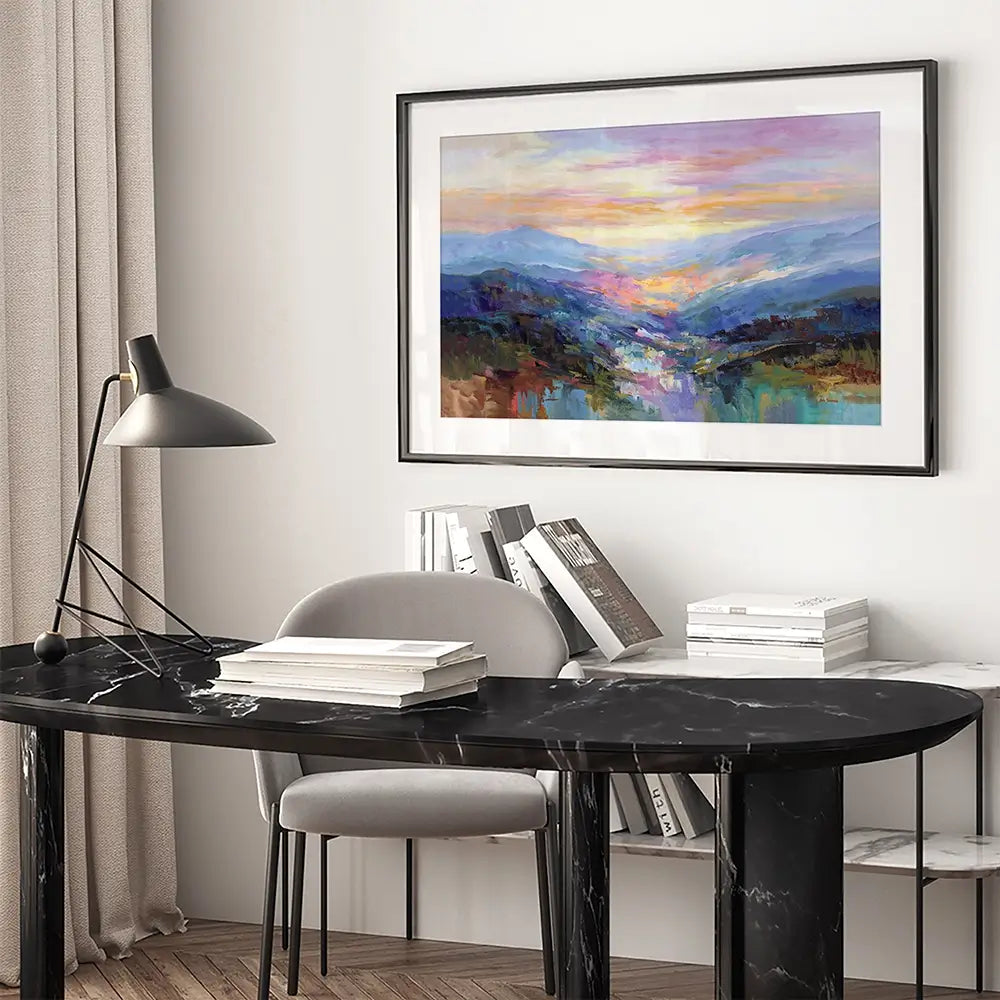 Mountains In A Serene Valley Framed Art Print Mountains In A Serene Valley Framed Art Print wall art product Leon Devenice