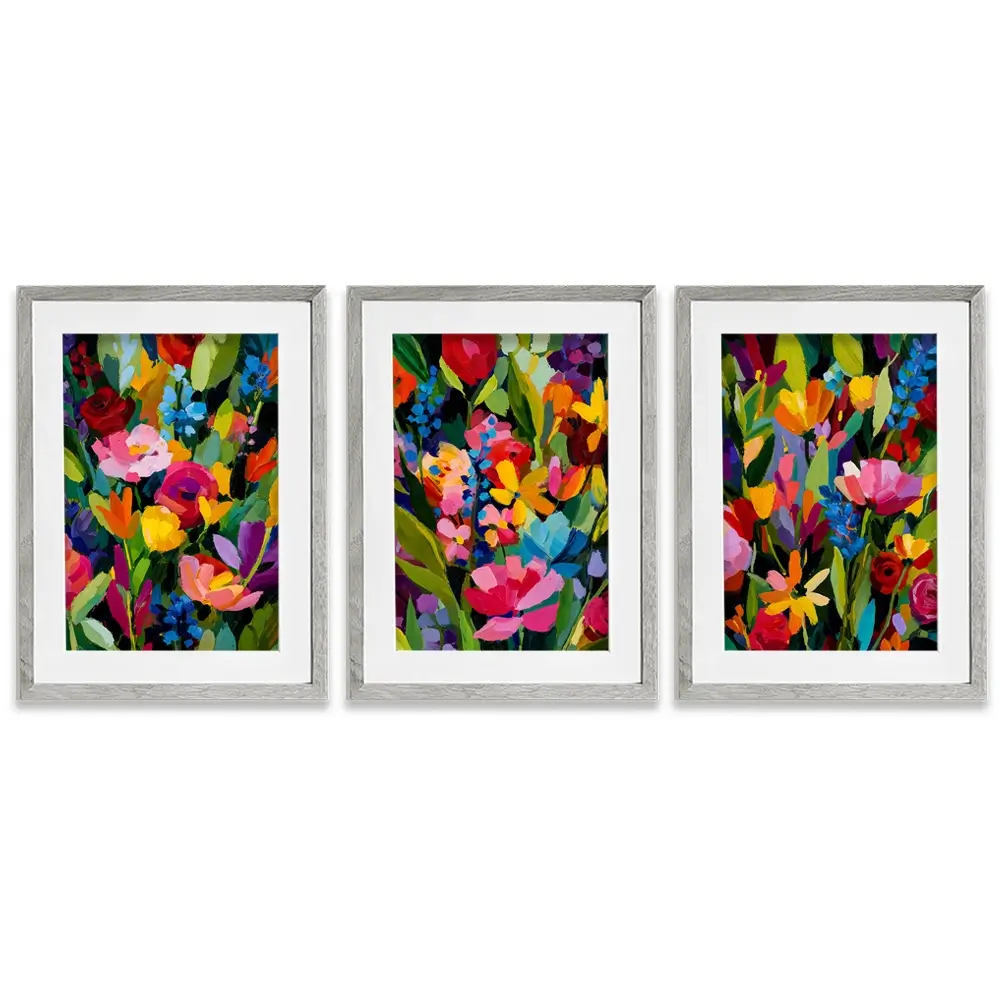 Multicoloured Floral Madness Framed Art Print Trio Multicoloured Floral Madness Framed Art Print Trio wall art product IAmHomeStudio