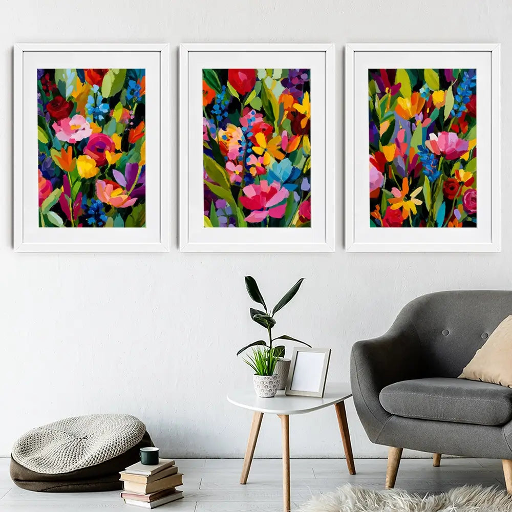 Multicoloured Floral Madness Framed Art Print Trio Multicoloured Floral Madness Framed Art Print Trio wall art product IAmHomeStudio