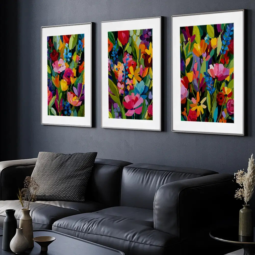 Multicoloured Floral Madness Framed Art Print Trio Multicoloured Floral Madness Framed Art Print Trio wall art product IAmHomeStudio