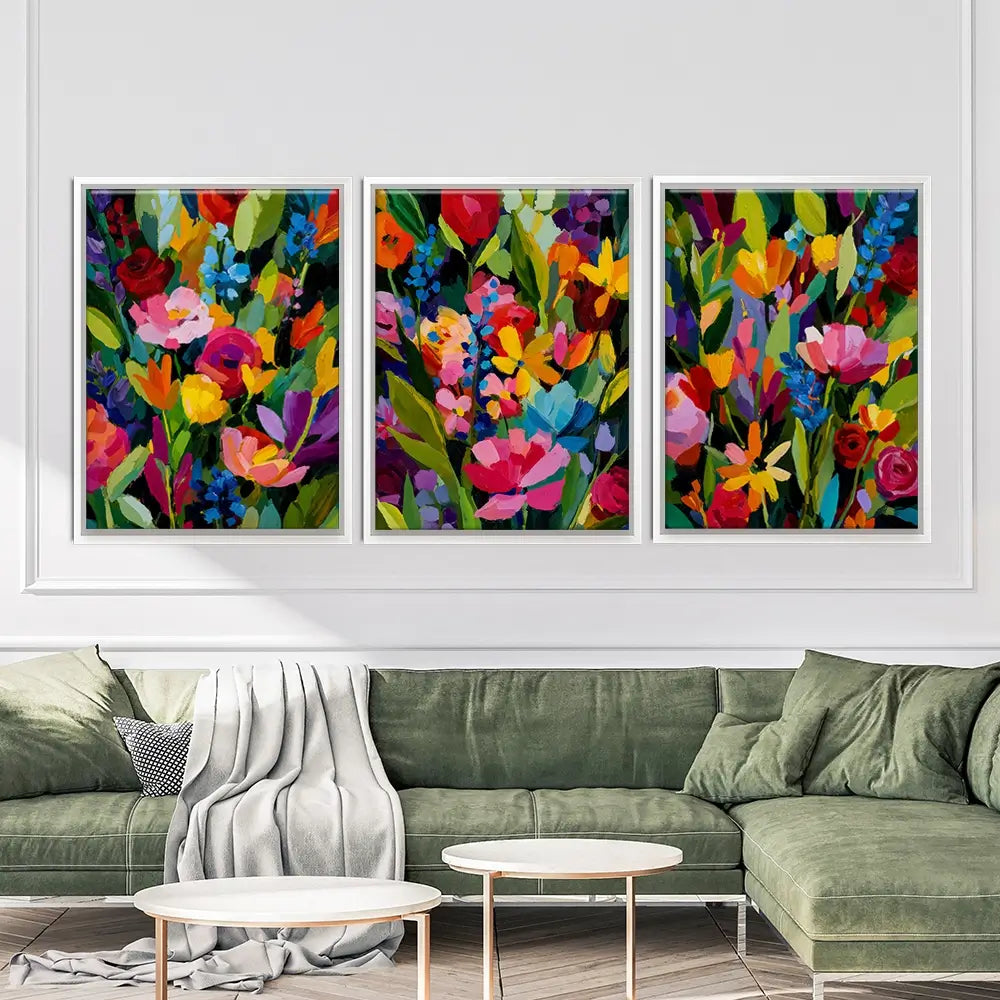 Multicoloured Floral Madness Trio Canvas Print Multicoloured Floral Madness Trio Canvas Print wall art product IAmHomeStudio
