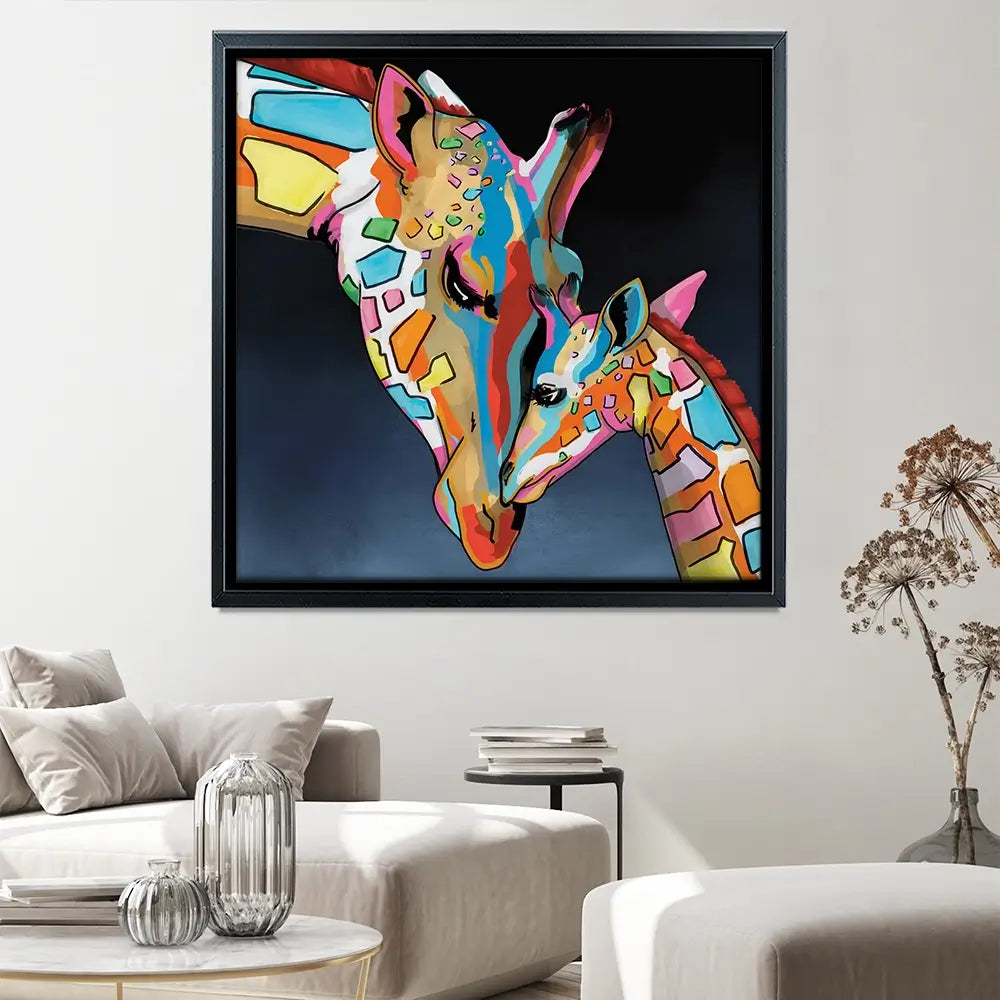 Multicoloured Giraffe And Calf Square Canvas Print Multicoloured Giraffe And Calf Square Canvas Print wall art product Art Print Shop