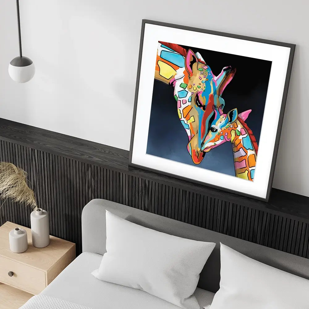 Multicoloured Giraffe And Calf Square Framed Art Print Multicoloured Giraffe And Calf Square Framed Art Print wall art product Art Print Shop