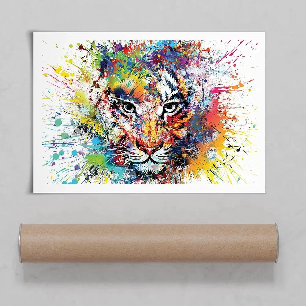 Multicoloured Tiger Paint Splash Art Print Multicoloured Tiger Paint Splash Art Print | Colourful Tiger Artwork wall art product ARTEMENKO VALENTYN / Shutterstock