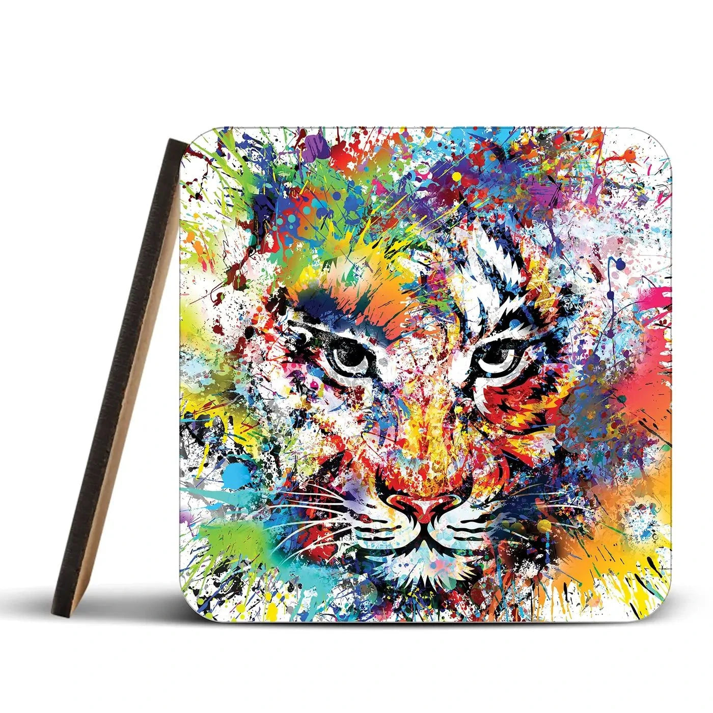 Multicoloured Tiger Paint Splash Coaster Set Multicoloured Tiger Paint Splash Coaster Set | Tiger Design Coasters wall art product ARTEMENKO VALENTYN / Shutterstock