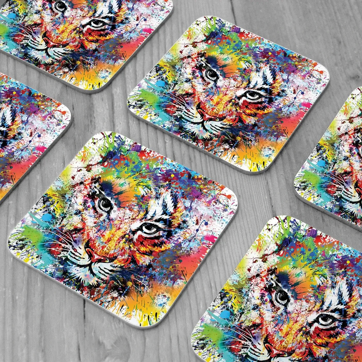 Multicoloured Tiger Paint Splash Coaster Set Multicoloured Tiger Paint Splash Coaster Set | Tiger Design Coasters wall art product ARTEMENKO VALENTYN / Shutterstock