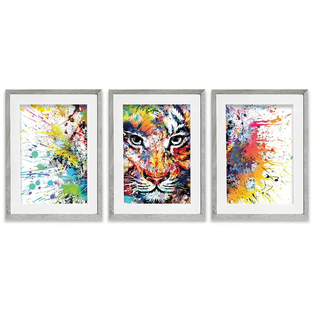 Multicoloured Tiger Paint Splash Framed Art Print Trio Multicoloured Tiger Paint Splash Framed Art Print Trio wall art product ARTEMENKO VALENTYN / Shutterstock