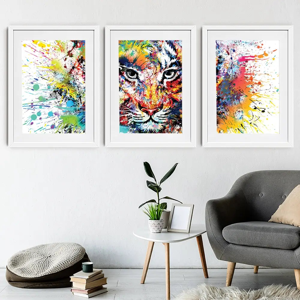 Multicoloured Tiger Paint Splash Framed Art Print Trio Multicoloured Tiger Paint Splash Framed Art Print Trio wall art product ARTEMENKO VALENTYN / Shutterstock