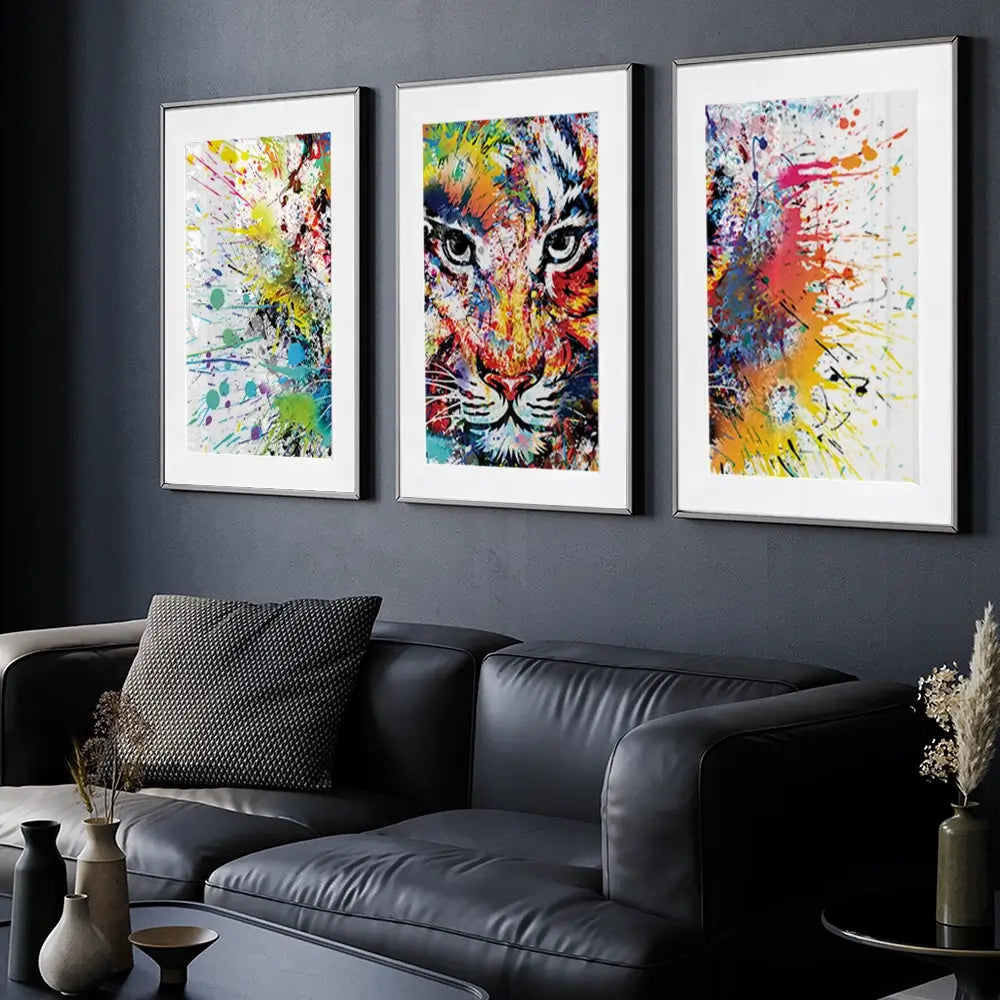 Multicoloured Tiger Paint Splash Framed Art Print Trio Multicoloured Tiger Paint Splash Framed Art Print Trio wall art product ARTEMENKO VALENTYN / Shutterstock