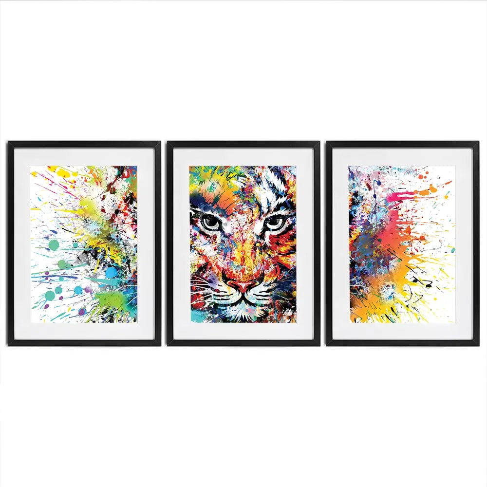 Multicoloured Tiger Paint Splash Framed Art Print Trio Multicoloured Tiger Paint Splash Framed Art Print Trio wall art product ARTEMENKO VALENTYN / Shutterstock