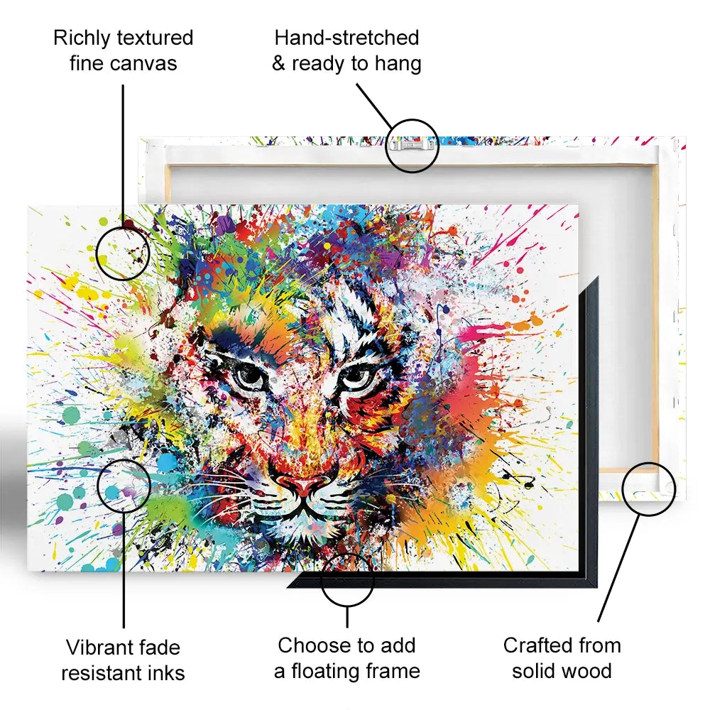 Multicoloured Tiger Paint Splash Oversized Canvas Print Multicoloured Tiger Paint Splash Oversized Canvas Print wall art product ARTEMENKO VALENTYN / Shutterstock