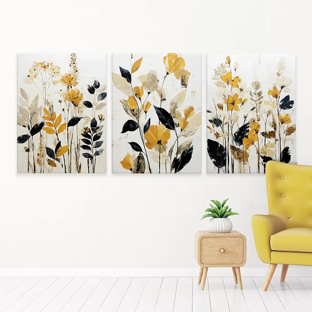 Mustard Floral Trio Canvas Print Mustard Floral Trio Canvas Print wall art product IAmHomeStudio