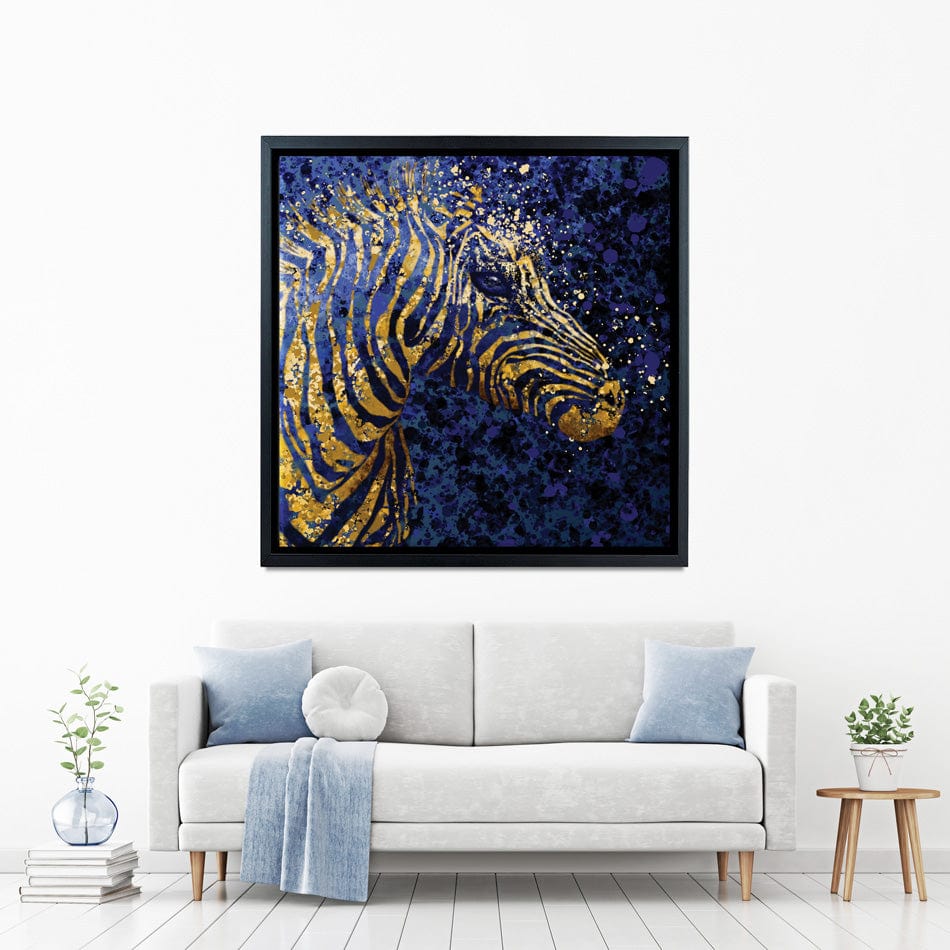 Navy Zebra Splash Square Canvas Print wall art product D Mosconi