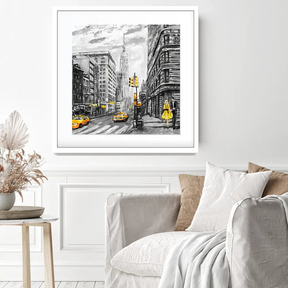New York In Grey And Yellow Square Framed Art Print New York In Grey And Yellow Square Framed Art Print wall art product lisima / Shutterstock