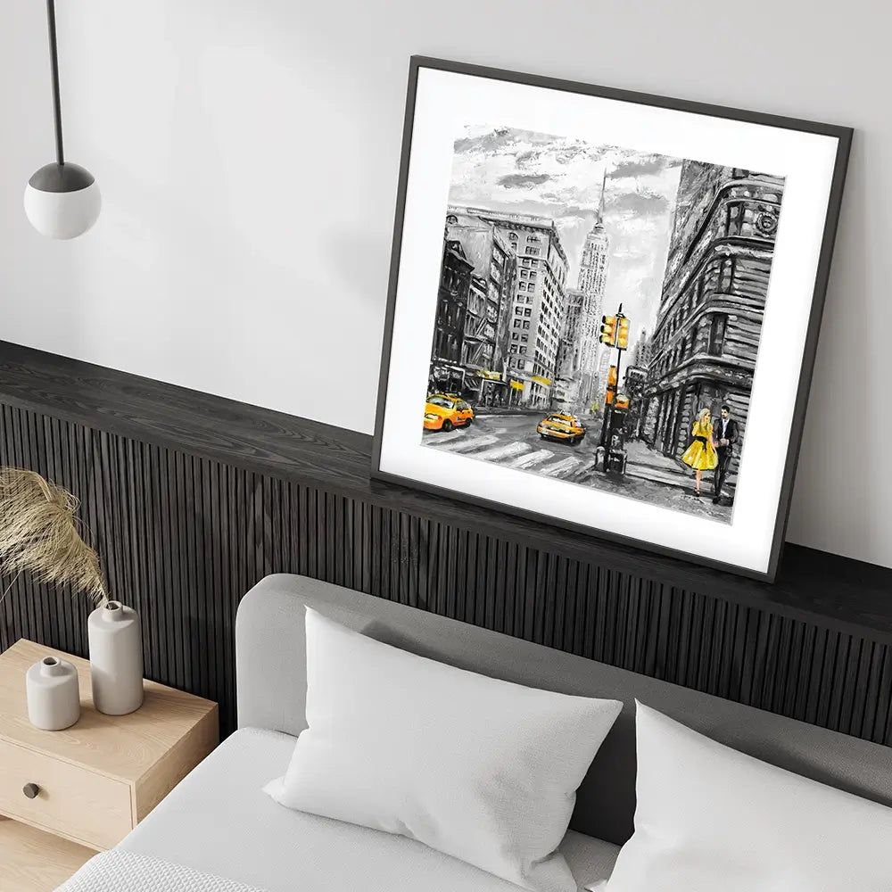 New York In Grey And Yellow Square Framed Art Print New York In Grey And Yellow Square Framed Art Print wall art product lisima / Shutterstock