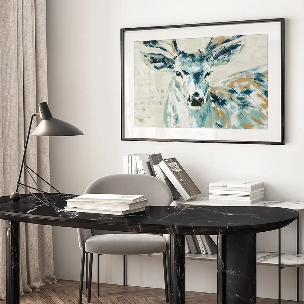 Painted Buck With Patchwork Antlers Framed Art Print Painted Buck With Patchwork Antlers Framed Art Print wall art product Chromatic Storm Studio