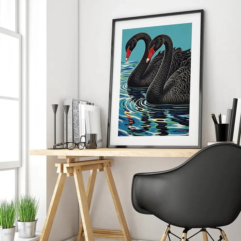 Pair Of Black Swans Framed Art Print Pair Of Black Swans Framed Art Print wall art product P & M Print Gallery