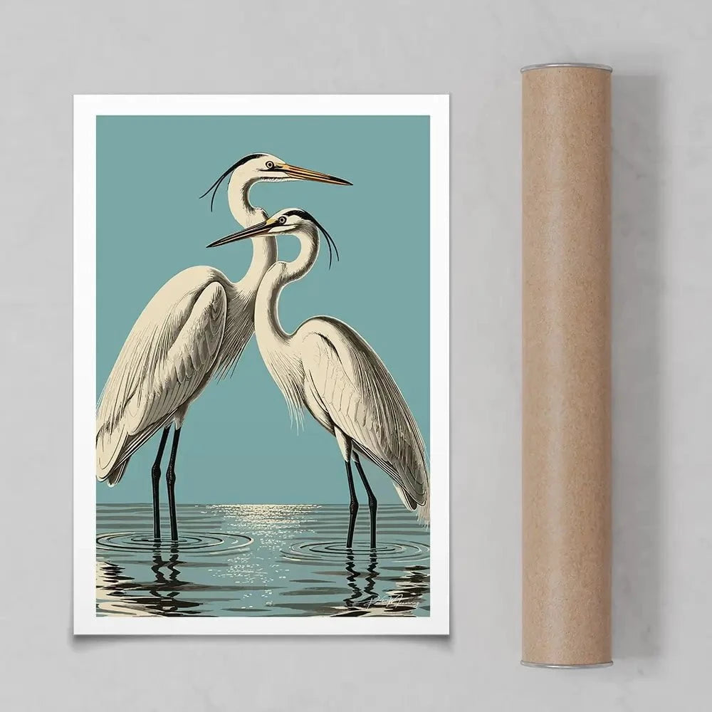 Pair Of White Herons Art Print Pair Of White Herons Art Print wall art product P & M Print Gallery