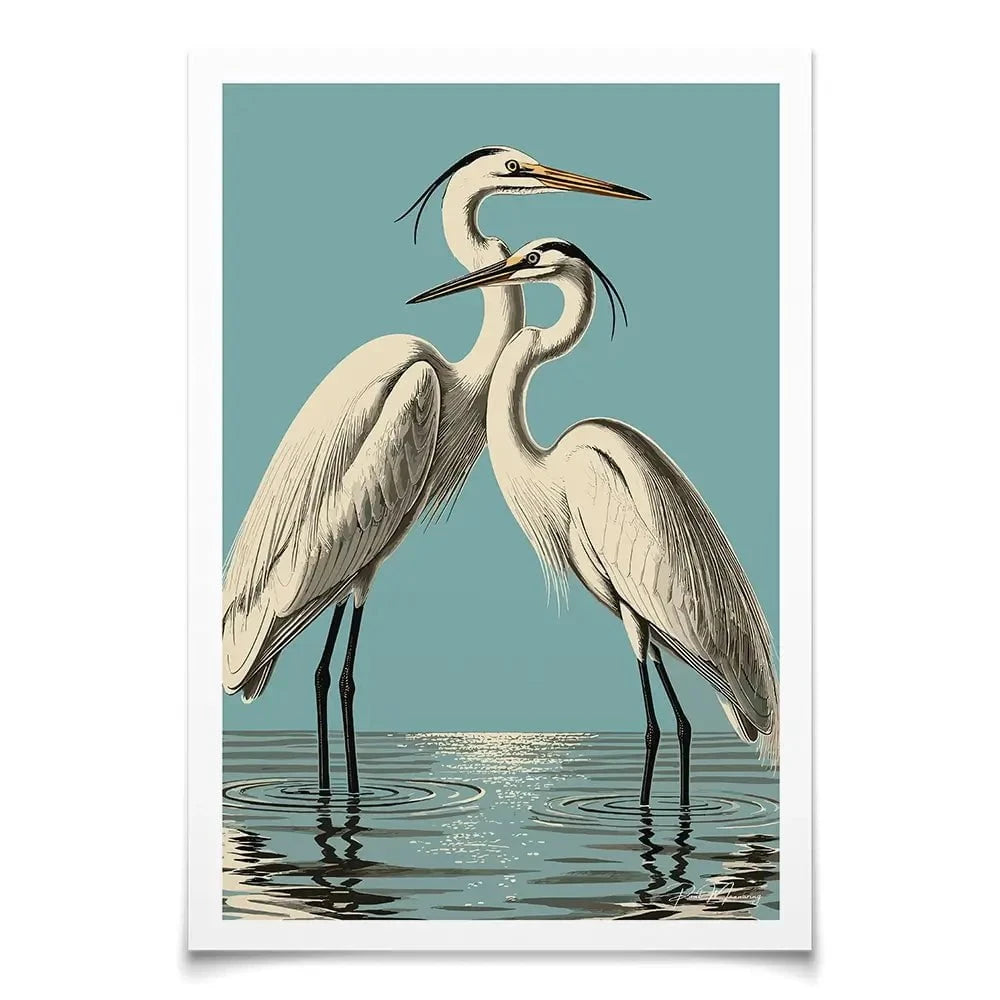 Pair Of White Herons Art Print Pair Of White Herons Art Print wall art product P & M Print Gallery