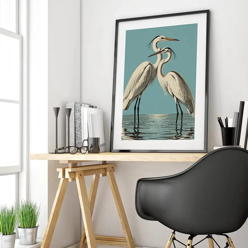 Pair Of White Herons Framed Art Print Pair Of White Herons Framed Art Print wall art product P & M Print Gallery