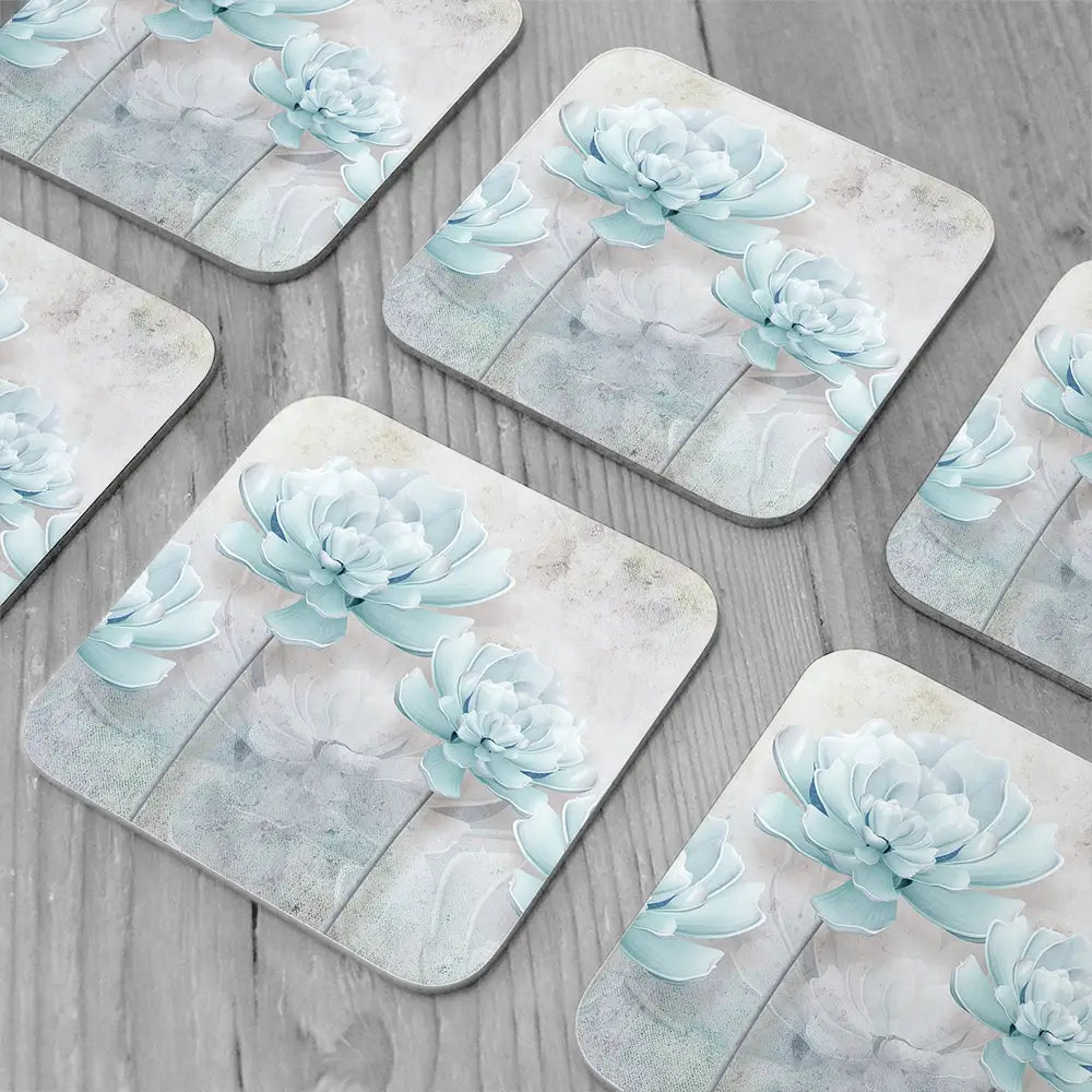 Pale Blue Floral Coaster Set Pale Blue Floral Coaster Set wall art product FLOWER 3D / Shutterstock