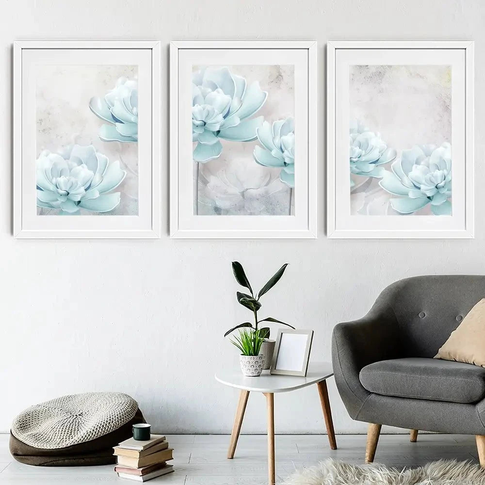 Pale Blue Floral Framed Art Print Trio Pale Blue Floral Framed Art Print Trio wall art product FLOWER 3D / Shutterstock