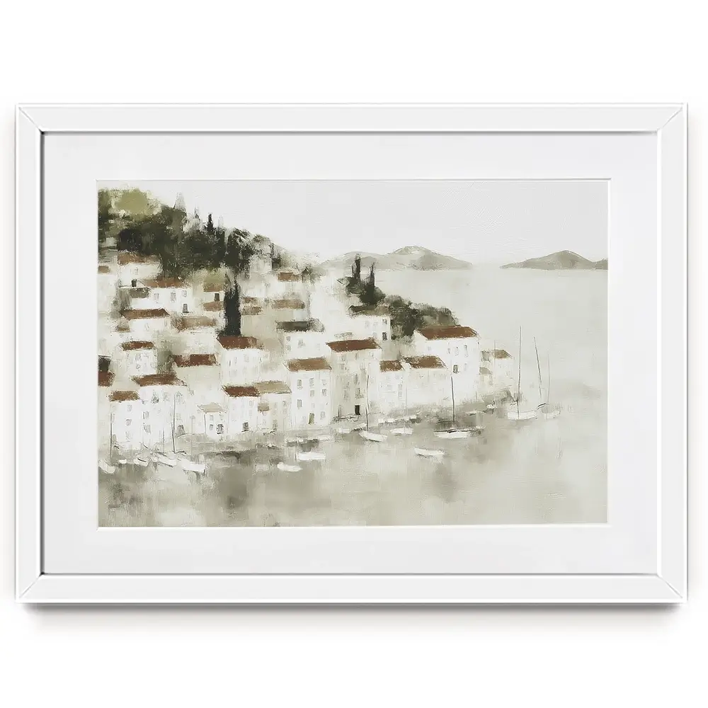 Pale Coastal Village Framed Art Print Pale Coastal Village Framed Art Print wall art product Chromatic Storm Studio