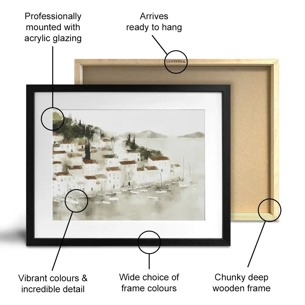 Pale Coastal Village Framed Art Print Pale Coastal Village Framed Art Print wall art product Chromatic Storm Studio