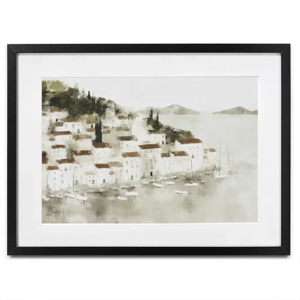 Pale Coastal Village Framed Art Print Pale Coastal Village Framed Art Print wall art product Chromatic Storm Studio