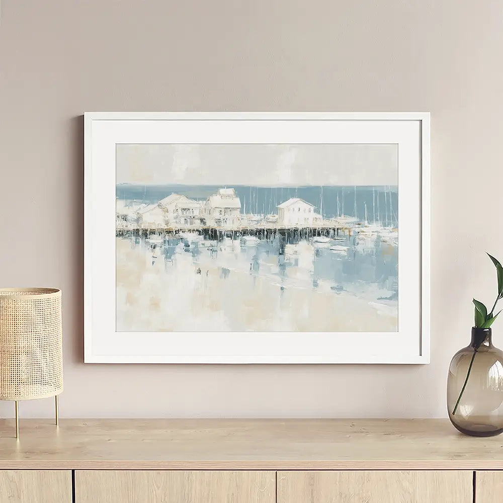 Pale Harbour Of Clapboard Houses Framed Art Print Pale Harbour Of Clapboard Houses Framed Art Print wall art product Chromatic Storm Studio