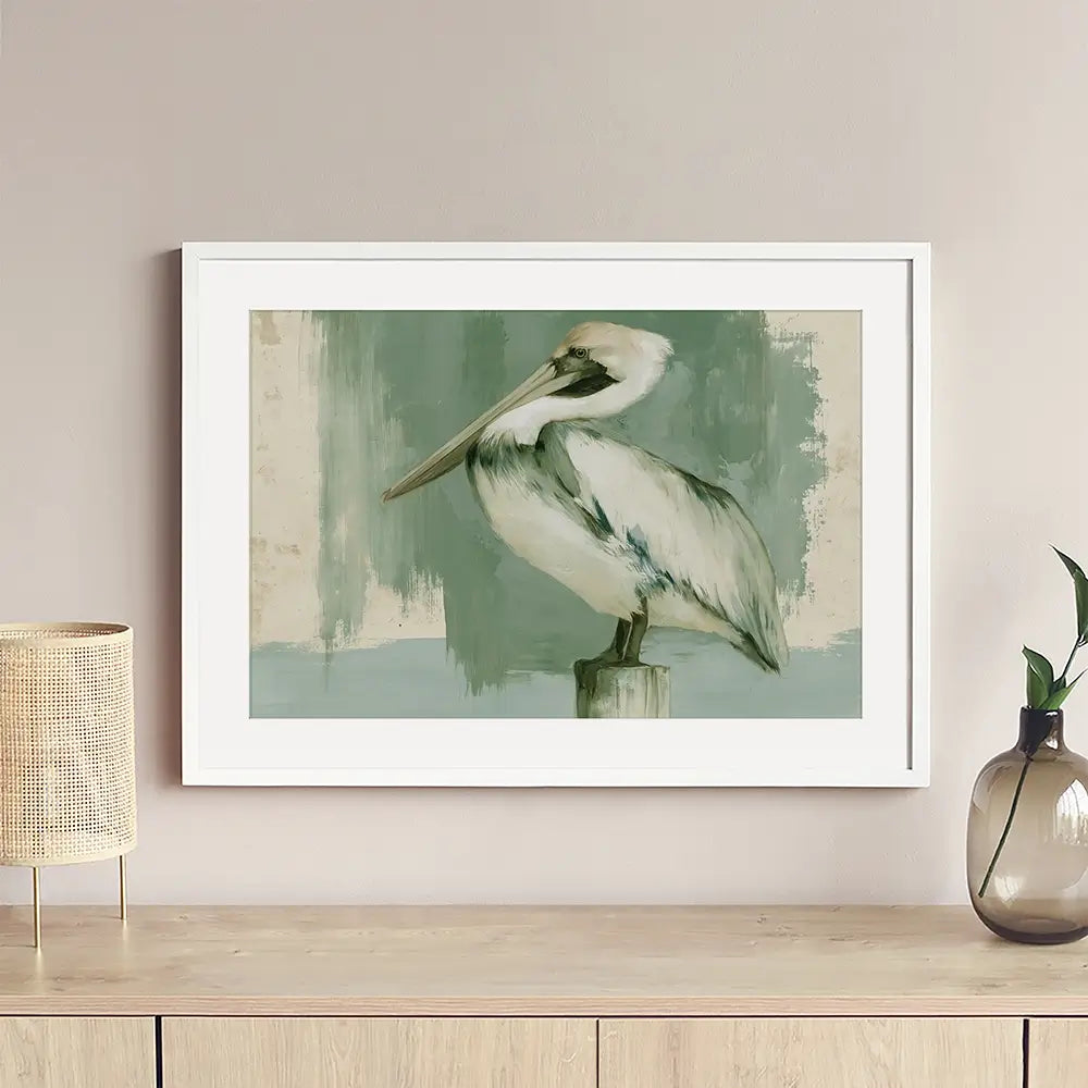 Pelican On A Post Framed Art Print Pelican On A Post Framed Art Print wall art product Chromatic Storm Studio