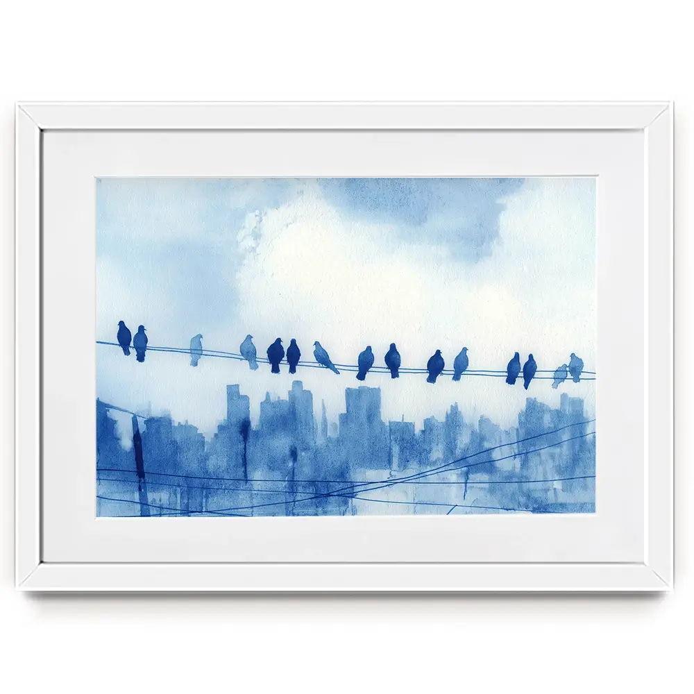 Pigeons Over New York Framed Art Print Pigeons Over New York Framed Art Print wall art product Chromatic Storm Studio