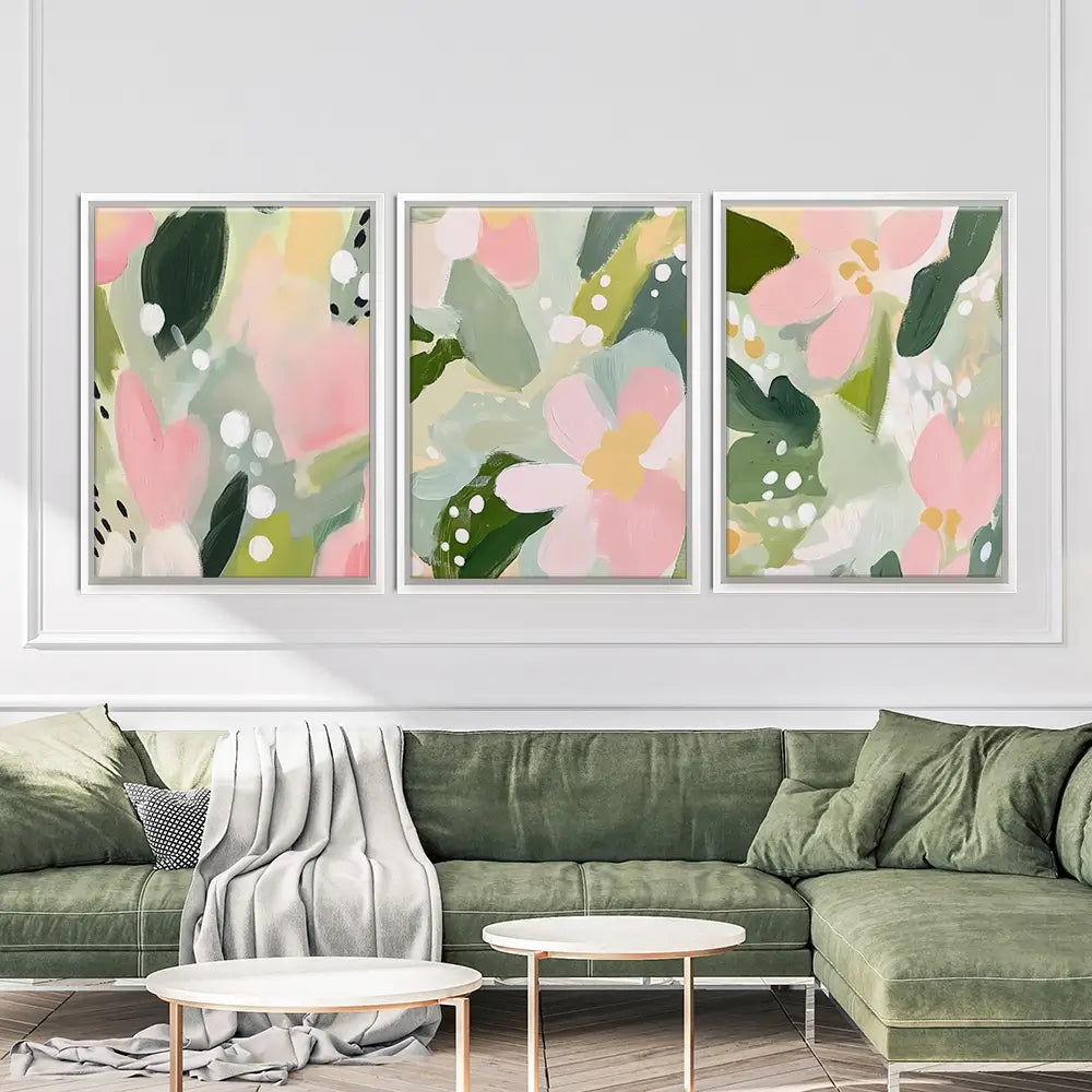 Pink And Green Pops Trio Canvas Print Pink And Green Pops Trio Canvas Print wall art product IAmHomeStudio