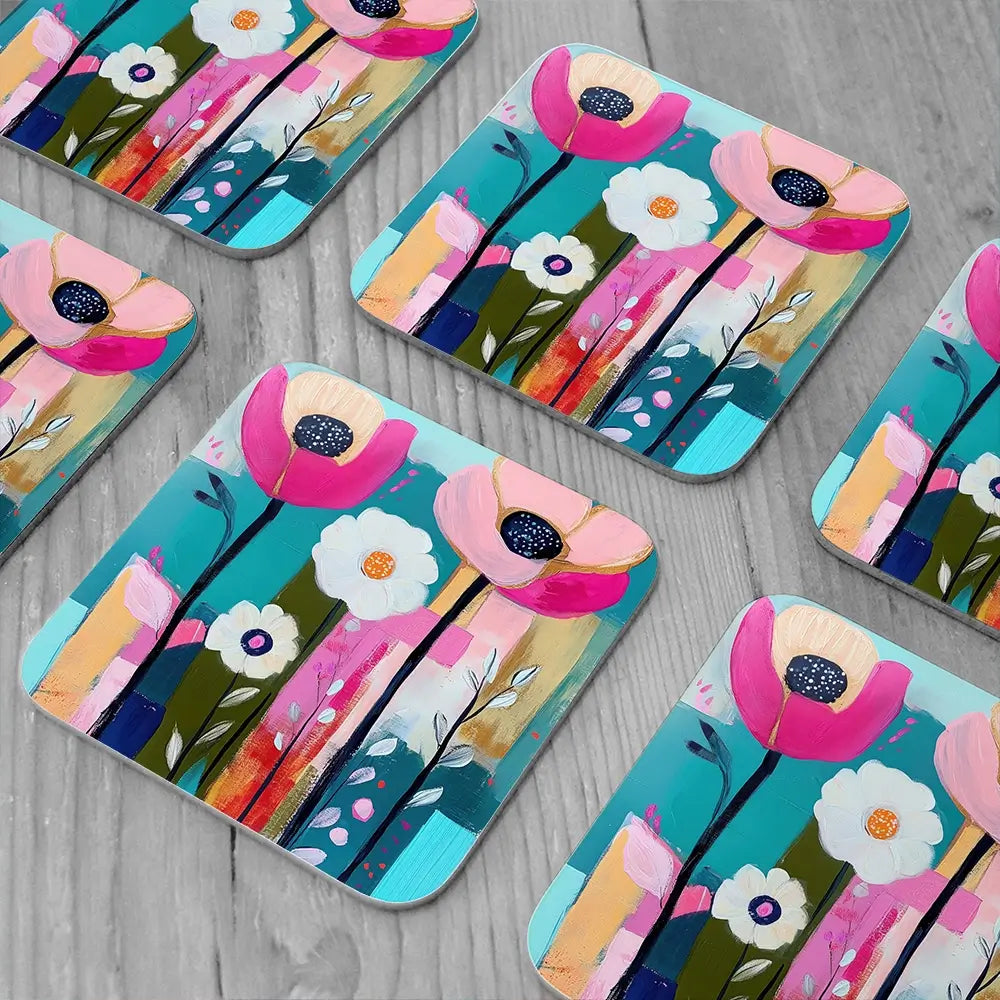 Pink Flower Pop 2 Coaster Set Pink Flower Pop 2 Coaster Set wall art product Tanya Ocean