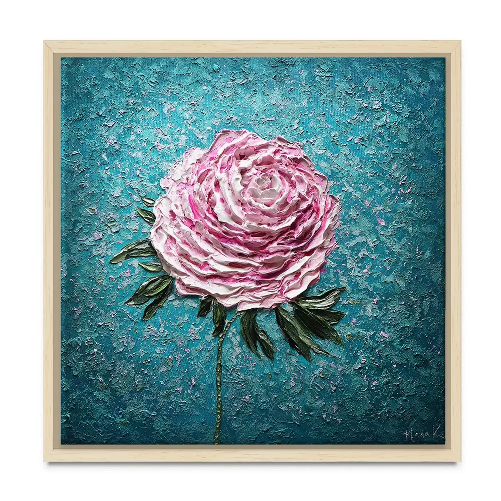 Pink Peony On Blue Square Canvas Print Pink Peony On Blue Square Canvas Print wall art product Nada Khatib