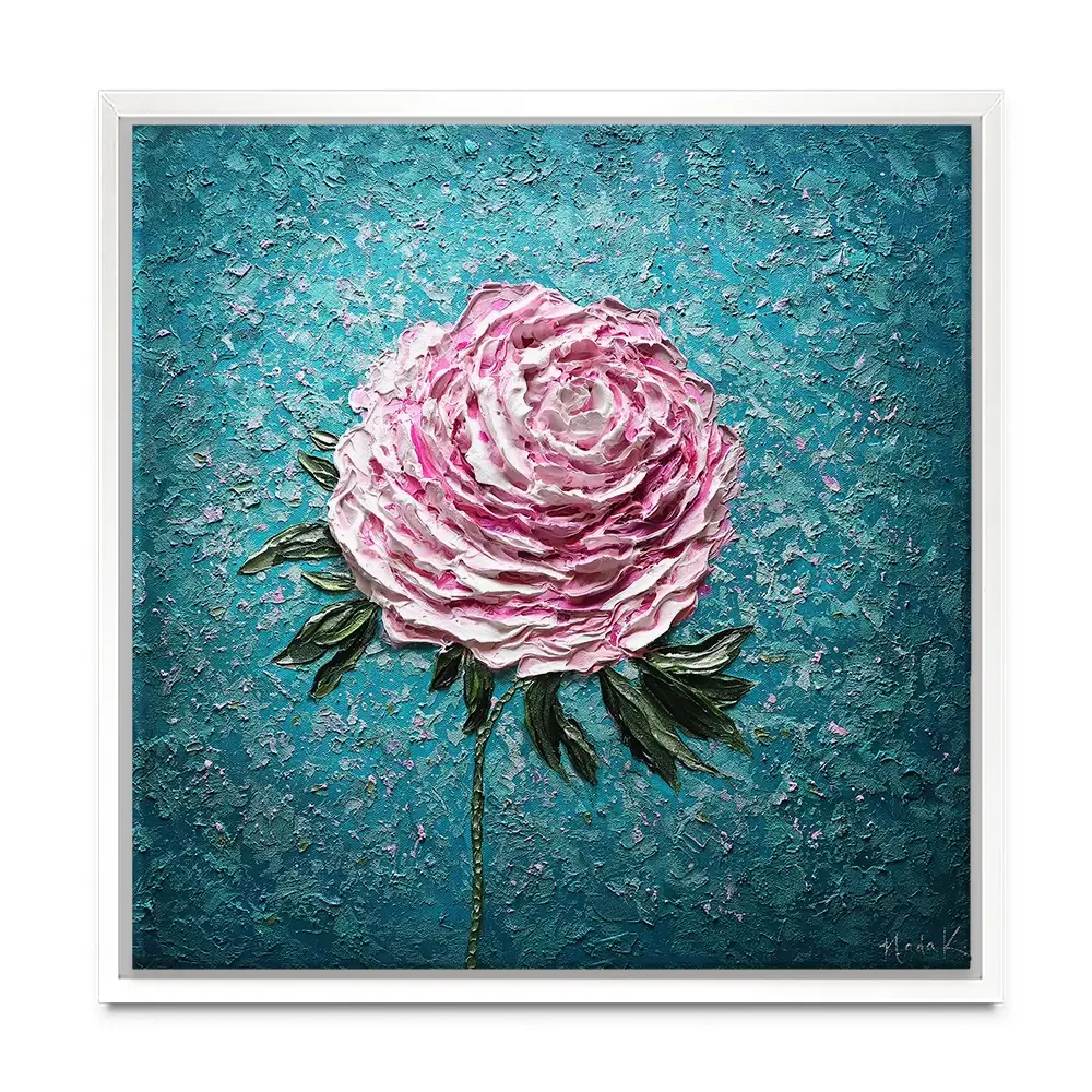 Pink Peony On Blue Square Canvas Print Pink Peony On Blue Square Canvas Print wall art product Nada Khatib